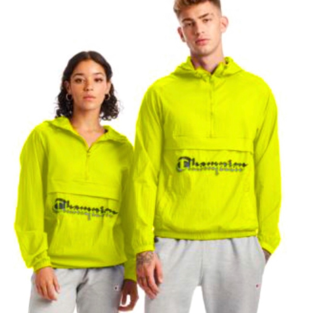 Champion Men Half-zip water resistant jacket rain hood XL neon yellow gum sport